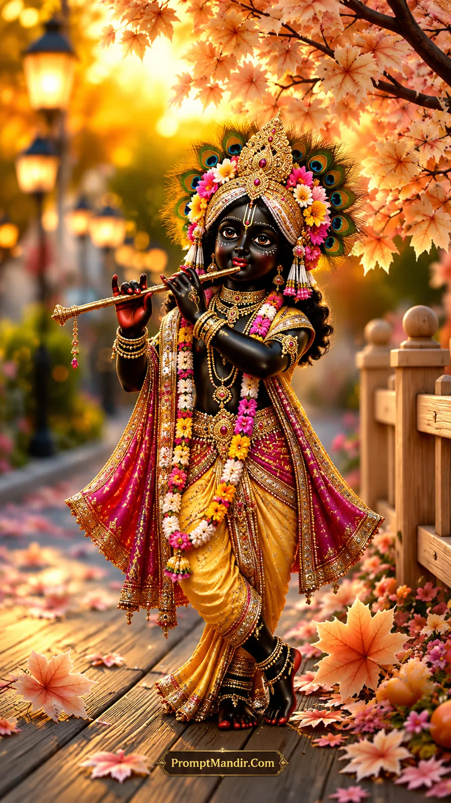 Dark-skinned Lord Krishna playing a golden flute in his signature tribhangi pose, wearing a yellow and pink dhoti, with yellow and pink flowers in his crown and autumn leaves on the ground.