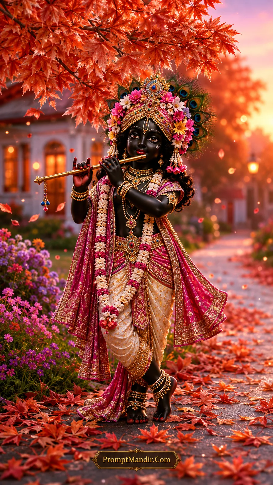 Dark-skinned Lord Krishna playing a golden flute in his signature tribhangi pose, wearing a red and gold dhoti, with pink and yellow flowers in his crown and red autumn leaves on the ground.