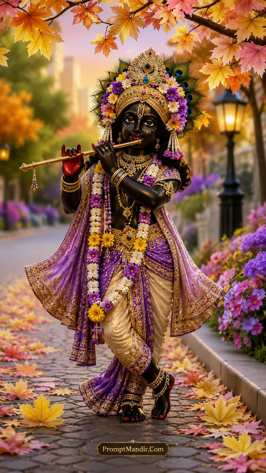 Dark-skinned Lord Krishna playing a golden flute in his signature tribhangi pose, wearing a purple and gold dhoti, with purple and yellow flowers in his crown and yellow autumn leaves on the ground.