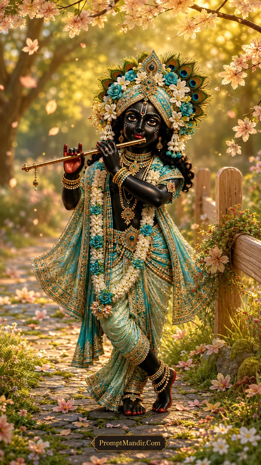 Dark-skinned Lord Krishna playing a golden flute in his signature tribhangi pose, wearing a light blue dhoti with green accents, with blue and white flowers in his crown and pink petals on the ground.