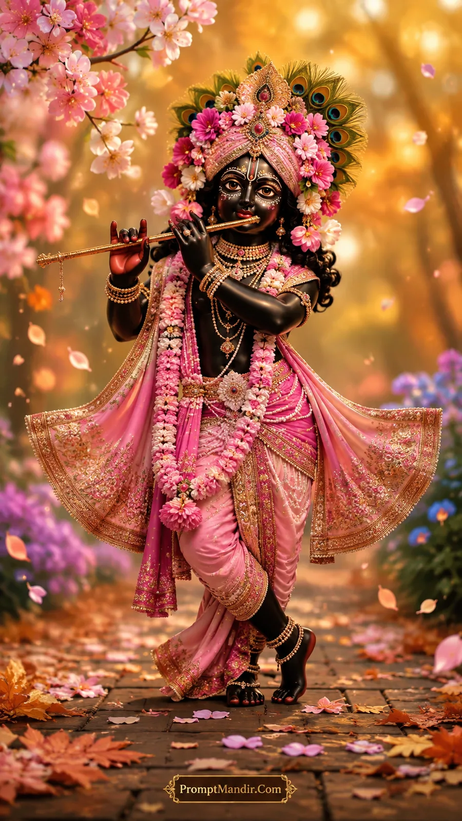Dark-skinned Lord Krishna playing a golden flute in his signature tribhangi pose, wearing a pink dhoti, with pink and white flowers in his crown and pink petals on the ground.