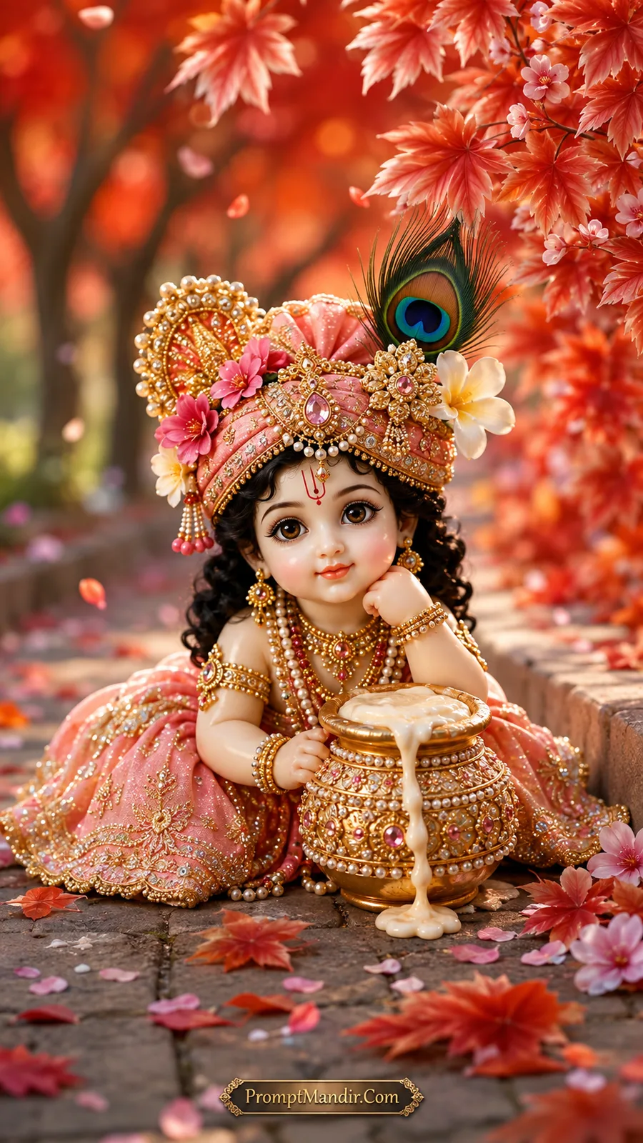 Adorable baby Krishna sitting by a golden pot of overflowing butter, wearing a pink dress and turban, surrounded by autumn leaves.