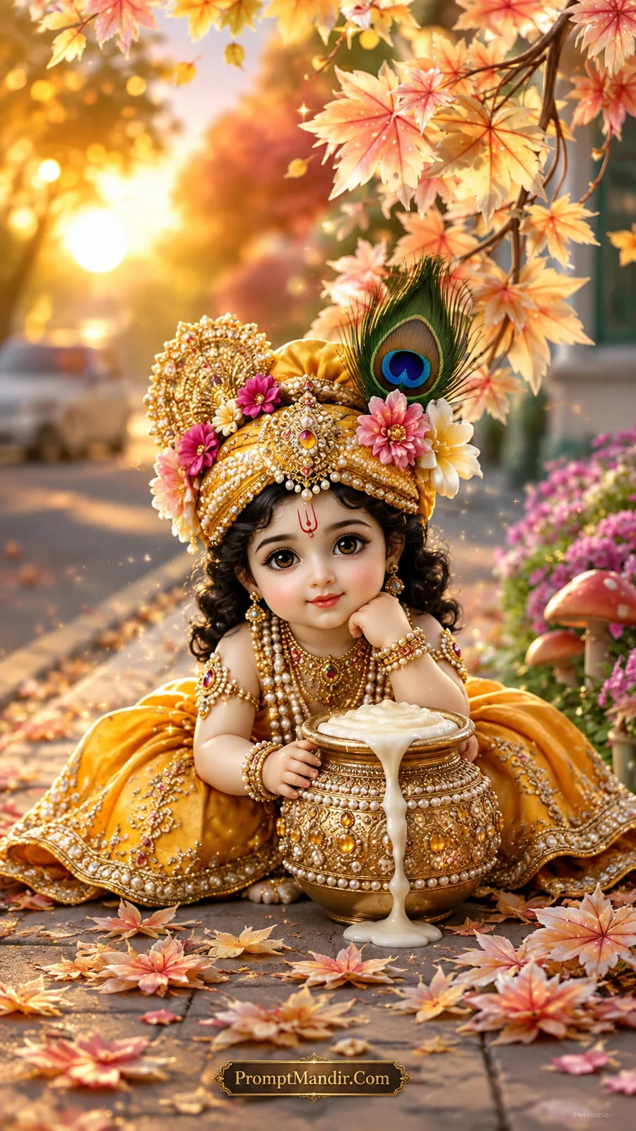 Adorable baby Krishna sitting by a golden pot of overflowing butter, wearing a golden yellow dress and turban, surrounded by autumn leaves and a street lamp.