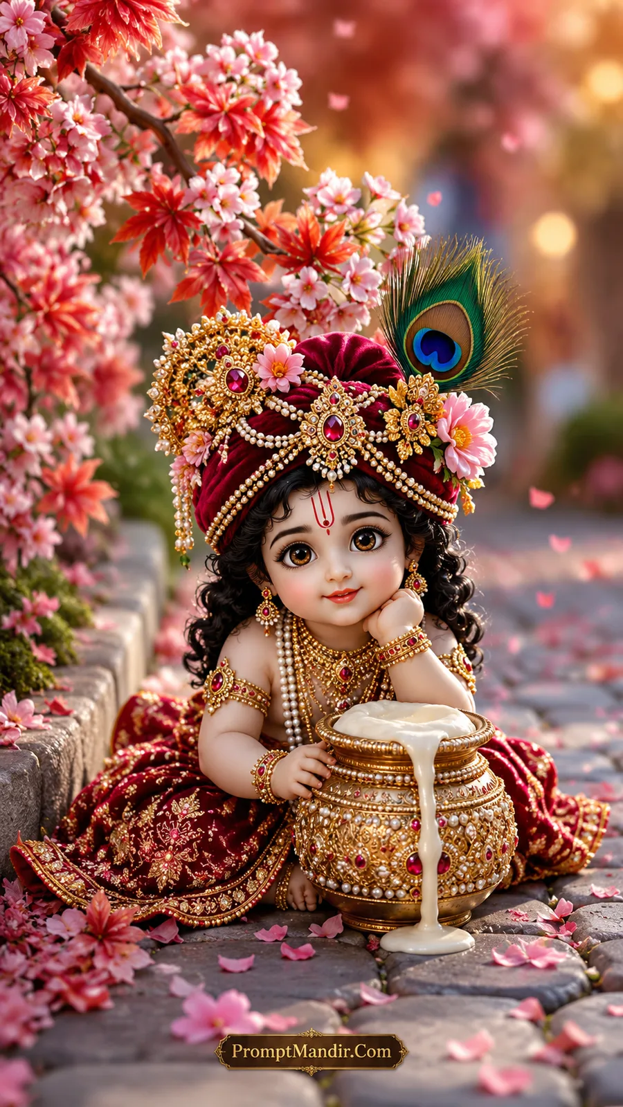 Adorable baby Krishna sitting by a golden pot of overflowing butter, wearing a maroon dress and turban, surrounded by pink flowers and autumn leaves.