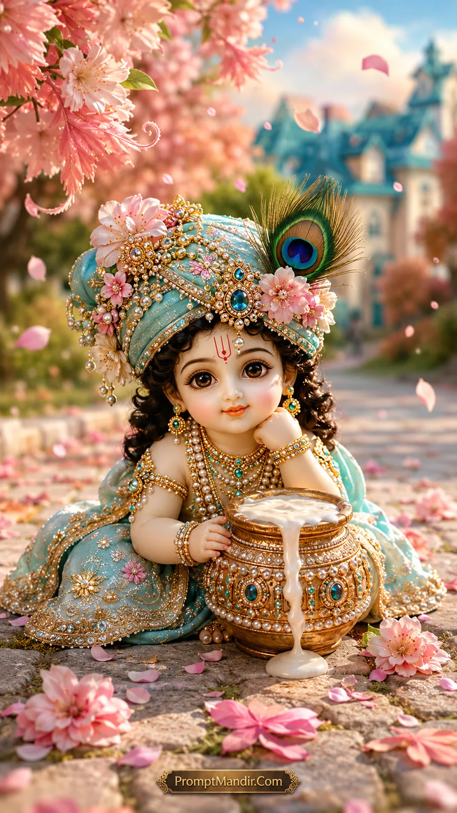 Adorable baby Krishna sitting by a golden pot of overflowing butter, wearing a light blue dress and turban, surrounded by pink flowers and a blue palace background.