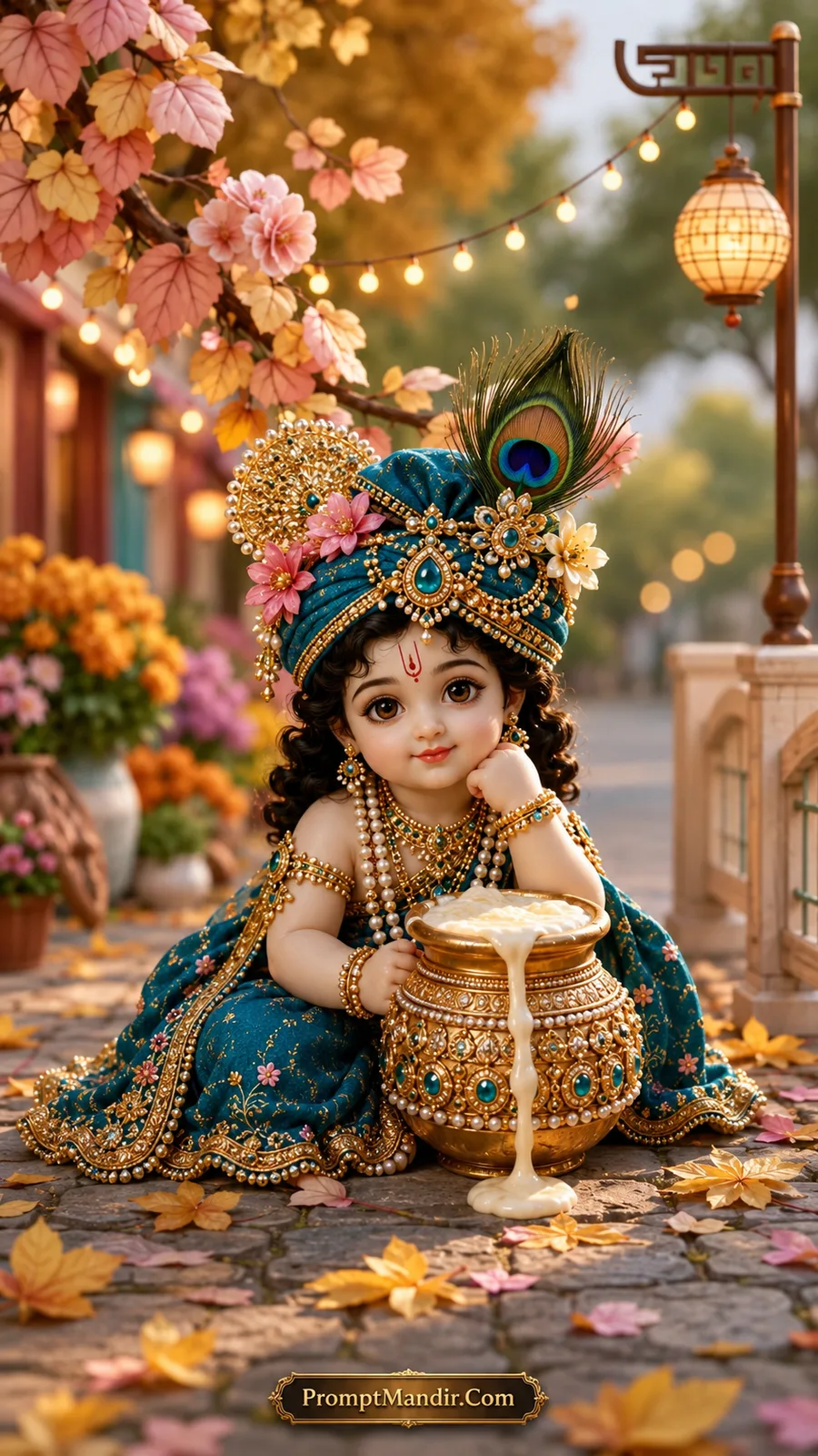 Adorable baby Krishna sitting by a golden pot of overflowing butter, wearing a teal dress and turban, surrounded by autumn leaves and fairy lights.