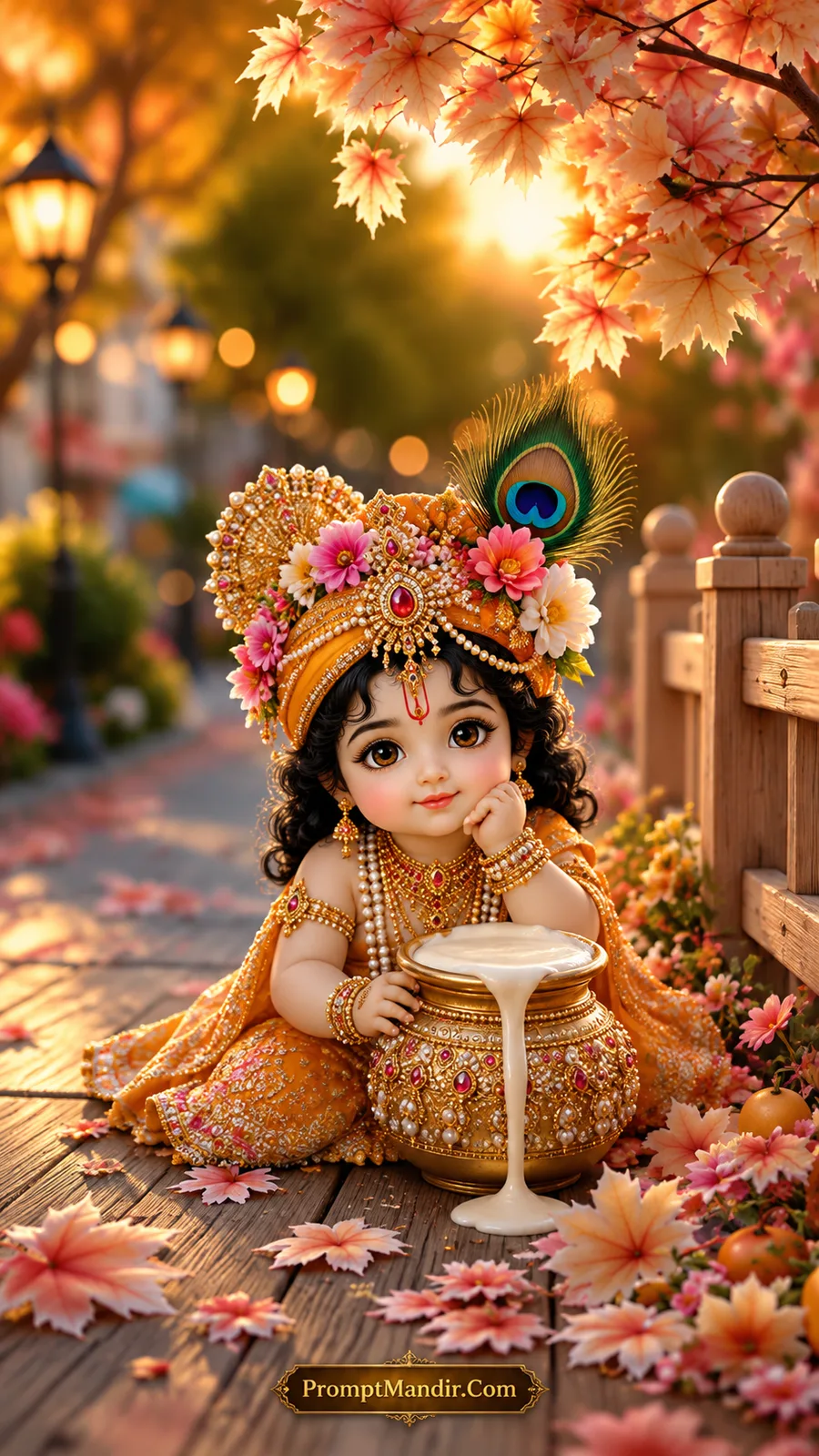 Adorable baby Krishna sitting by a golden pot of overflowing butter, wearing an orange dress and turban, surrounded by autumn leaves and a wooden fence.