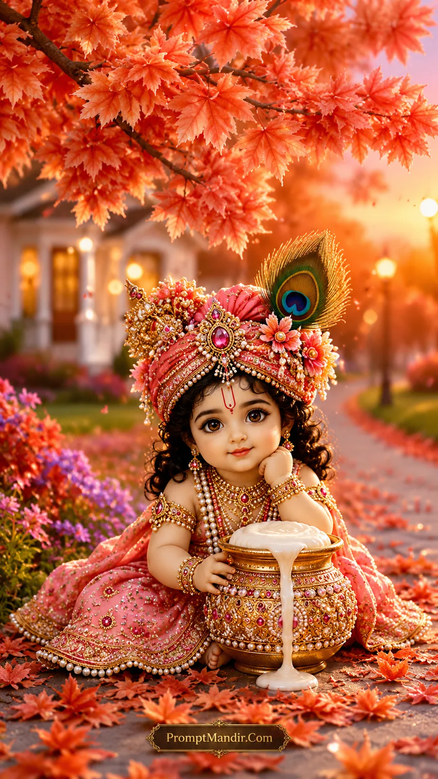 Adorable baby Krishna sitting by a golden pot of overflowing butter, wearing a pink and gold dress and turban, surrounded by pink and red autumn leaves and a house in the background.