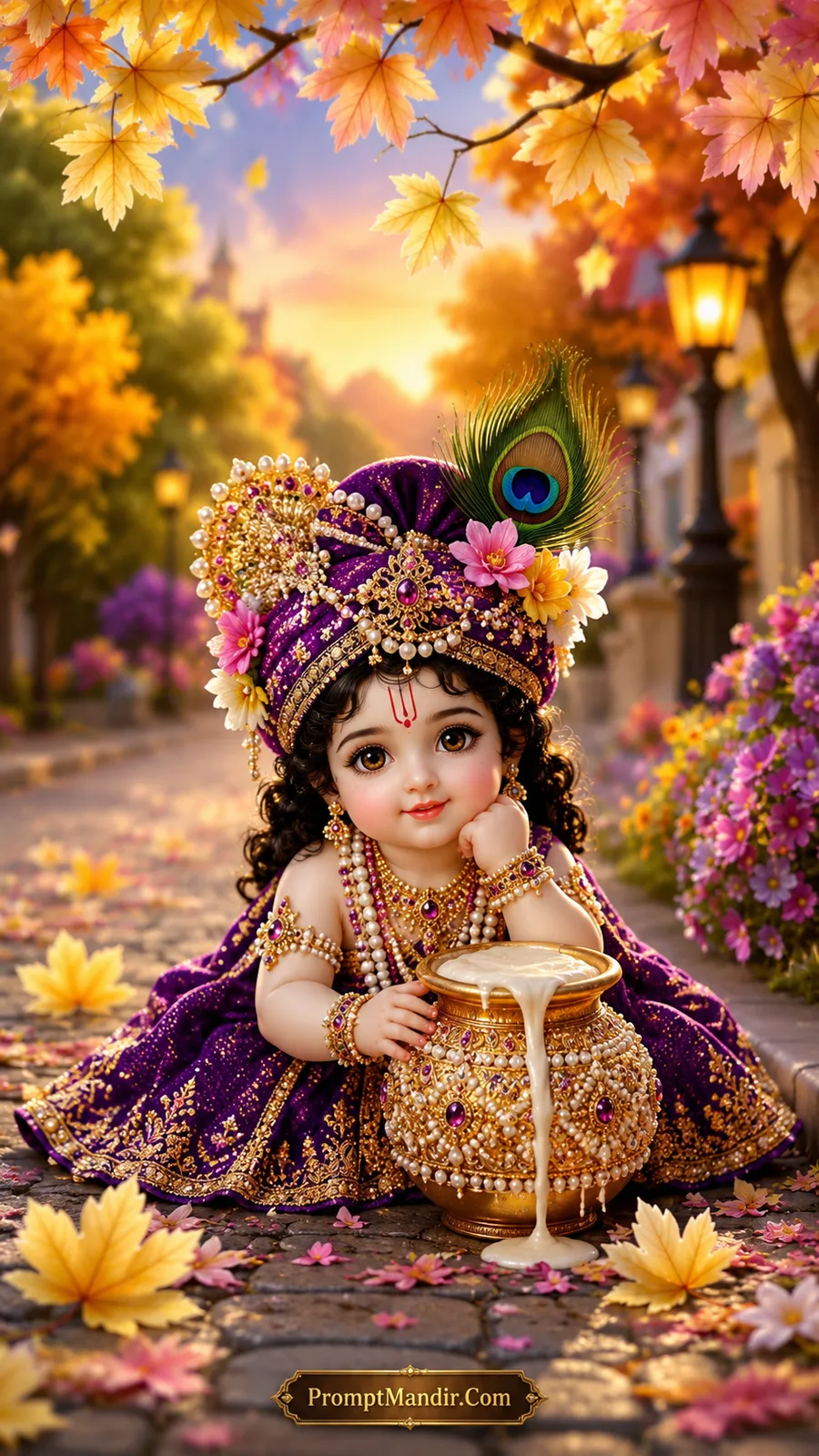 Adorable baby Krishna sitting by a golden pot of overflowing butter, wearing a purple dress and turban, surrounded by pink and yellow autumn leaves and a glowing street lamp.