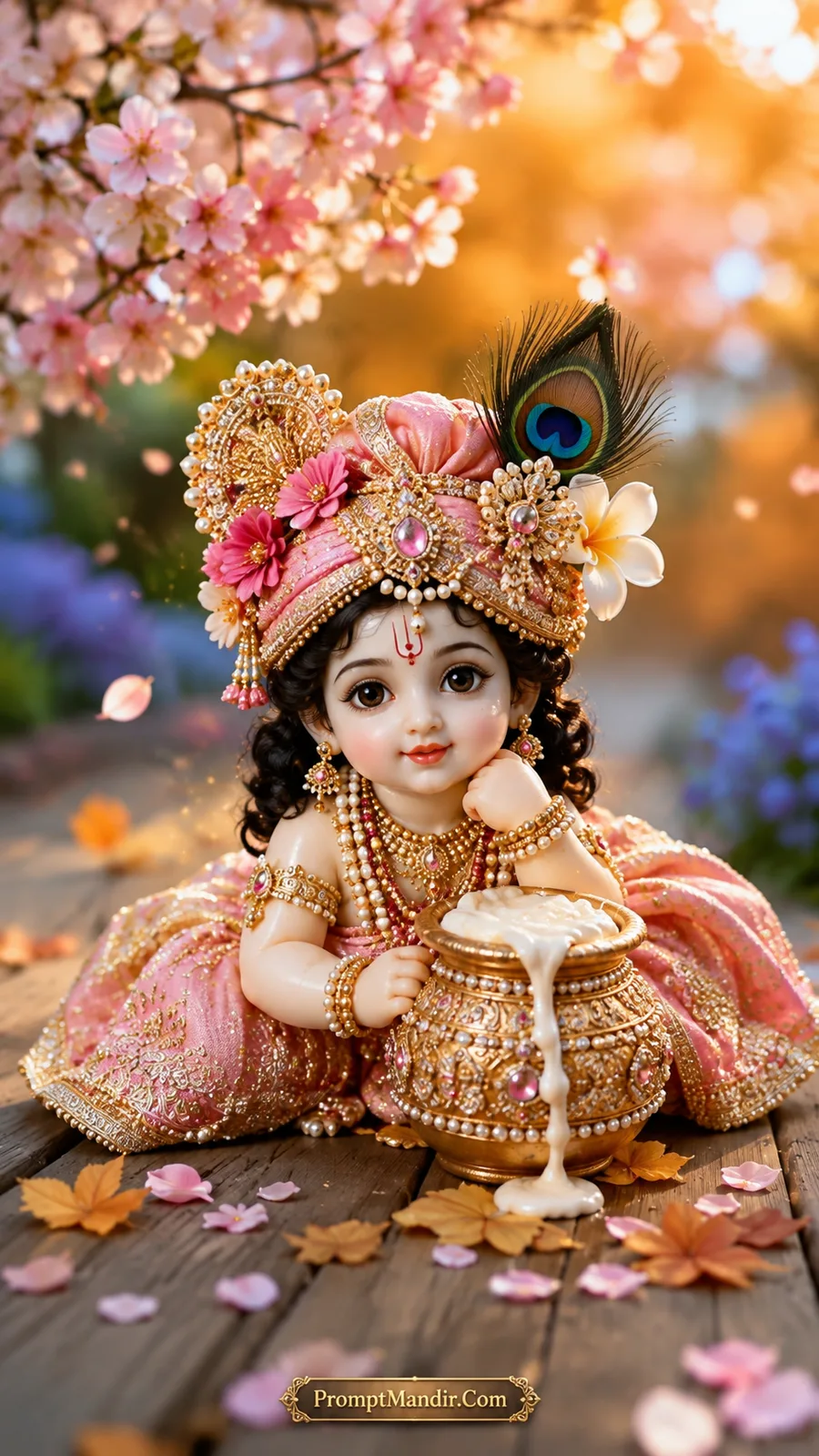 Adorable baby Krishna sitting by a golden pot of overflowing butter, wearing a soft pink dress and turban, surrounded by pink flowers, autumn leaves, and a wooden deck.