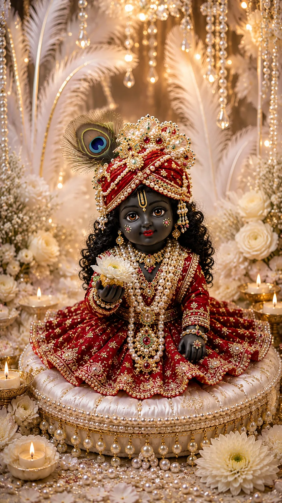 A divine baby Krishna sitting on a pearl-adorned white velvet cushion, wearing a maroon velvet dress and a pearl-studded turban with a peacock feather, holding a white flower, surrounded by white roses and pearls.