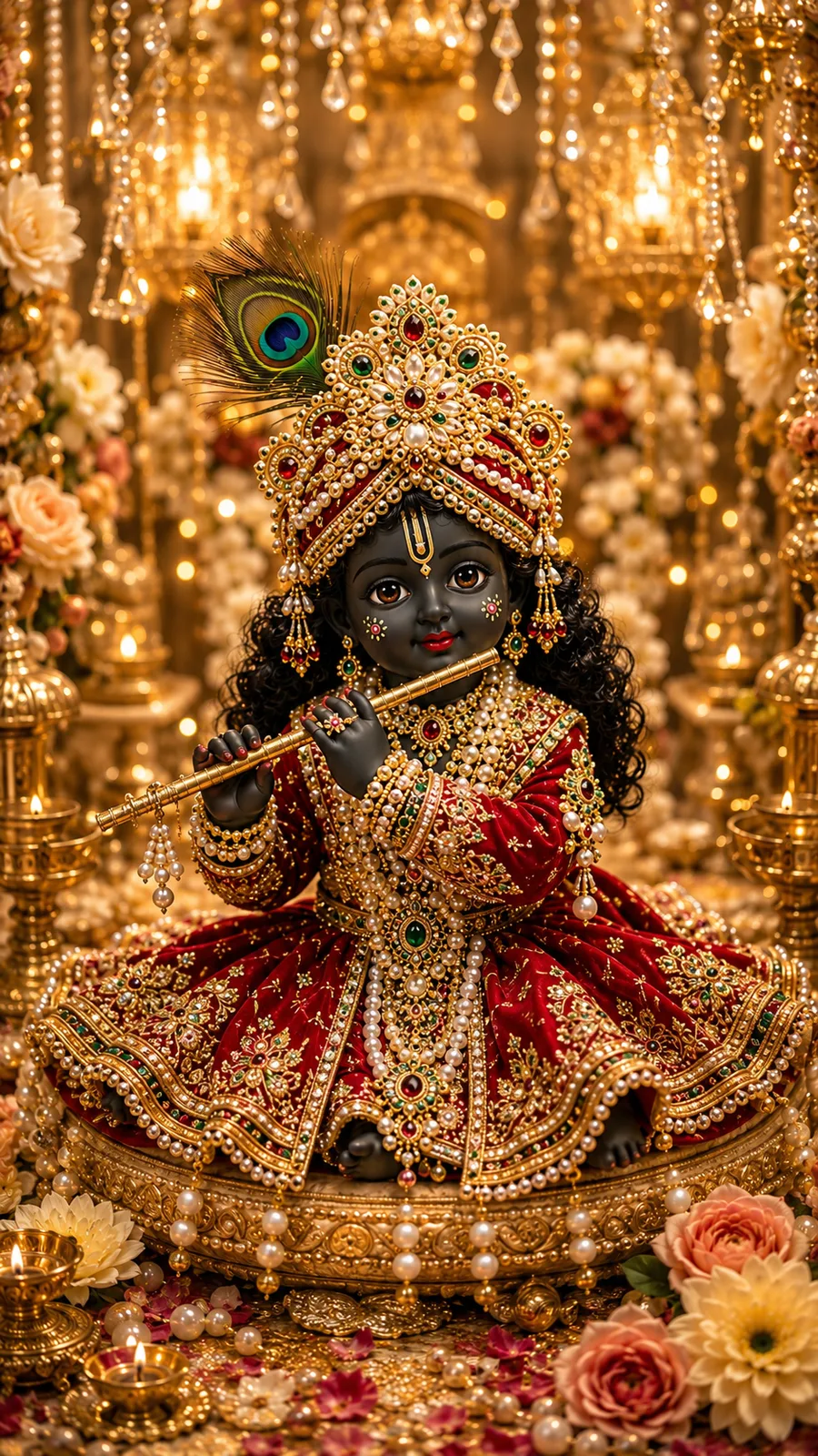 A divine baby Krishna sitting on an ornate golden platform, playing a golden flute, wearing a crimson and gold dress and a jeweled turban with a peacock feather, surrounded by golden chandeliers and white flowers.