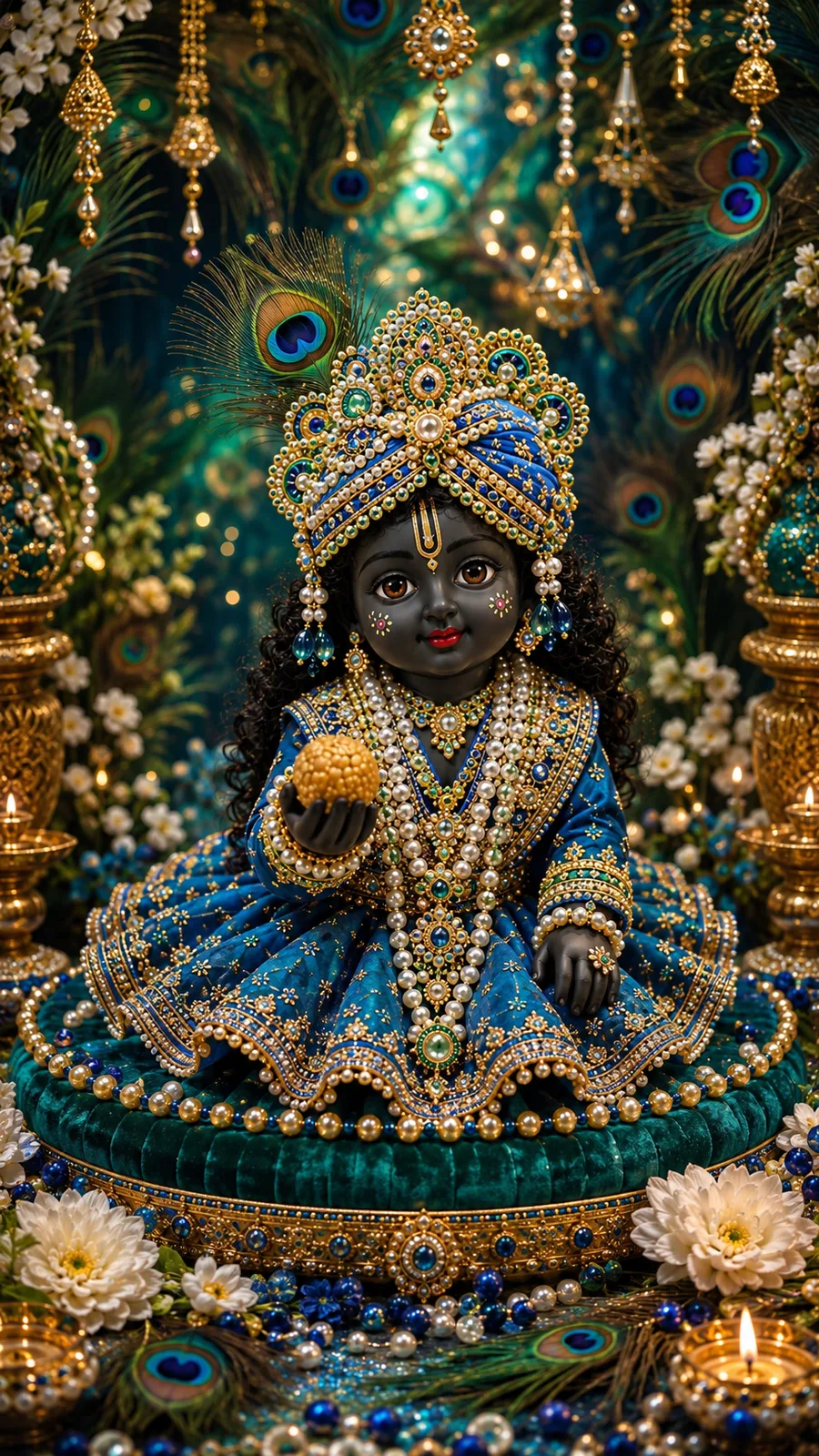 A divine baby Krishna sitting on a green velvet cushion, wearing a blue and gold dress and a jeweled turban with a peacock feather, holding a laddoo in one hand, surrounded by peacock feathers and golden diyas.