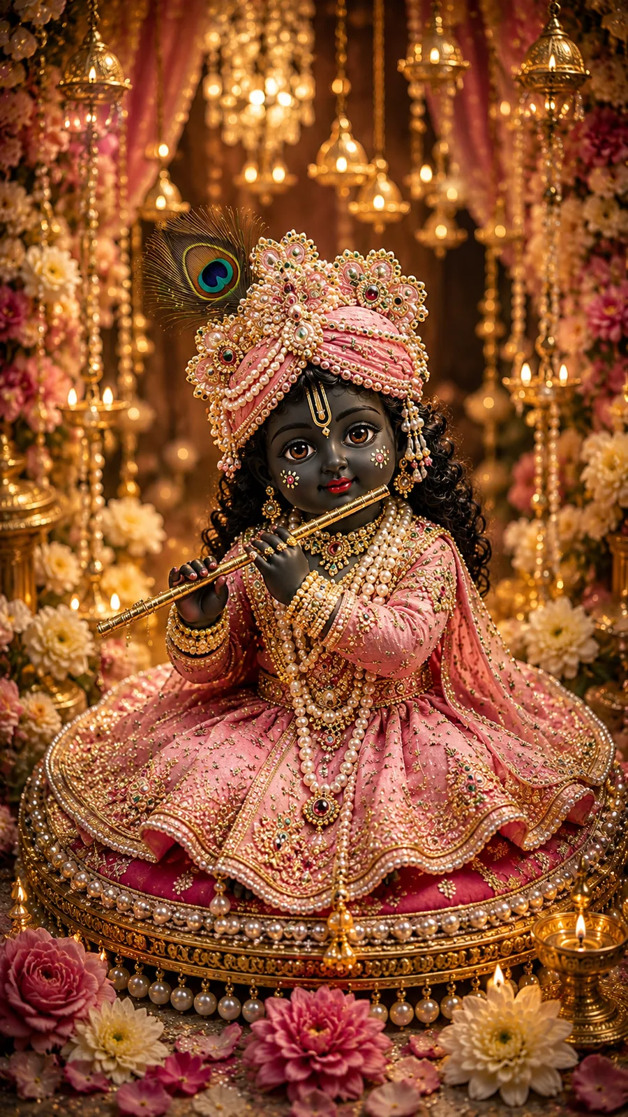 A divine baby Krishna sitting on a gold and pearl platform, playing a golden flute, wearing a pink dress and a pink jeweled turban with a peacock feather, surrounded by pink flowers and golden chandeliers.