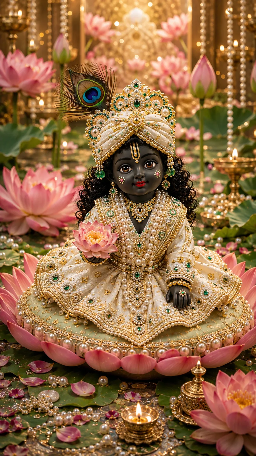 A divine baby Krishna sitting on a large pink lotus flower, wearing a white and gold dress and an emerald-studded turban with a peacock feather, holding a pink lotus, surrounded by lotus flowers and floating diyas.