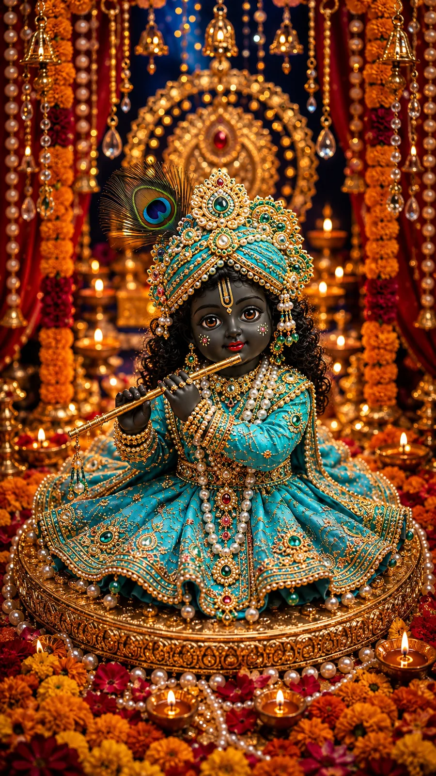 A divine baby Krishna sitting on an ornate golden platform, playing a golden flute, wearing a teal dress and a jeweled turban with a peacock feather, surrounded by marigold flowers and a red curtain backdrop.
