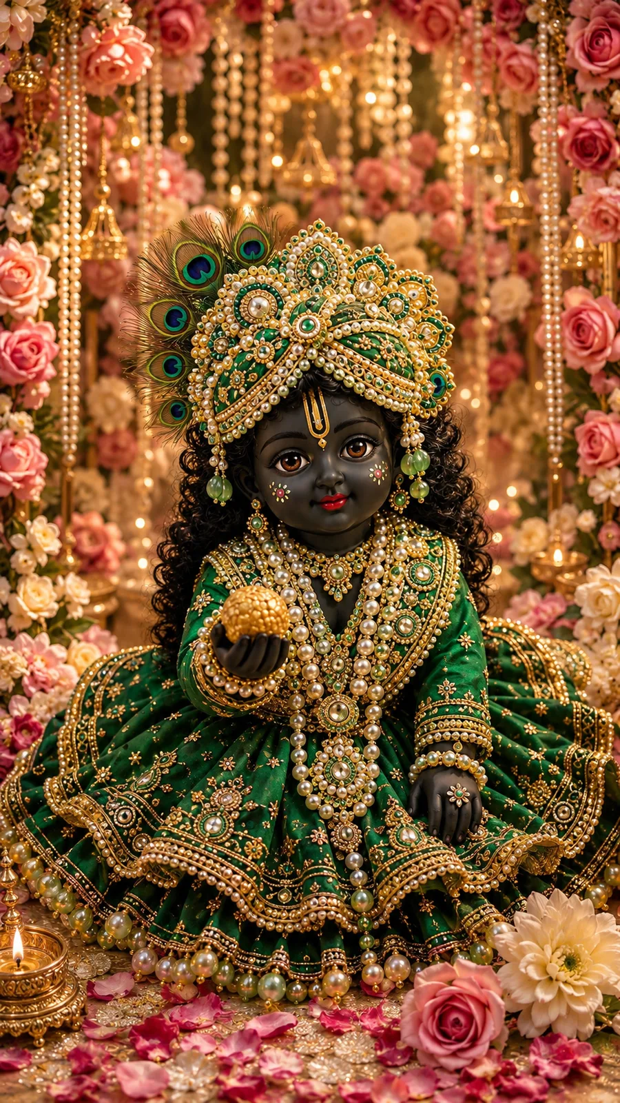 A divine baby Krishna sitting on a gold and pearl platform, wearing a green dress and a jeweled turban with a peacock feather, holding a laddoo in one hand, surrounded by pink roses and pearls.