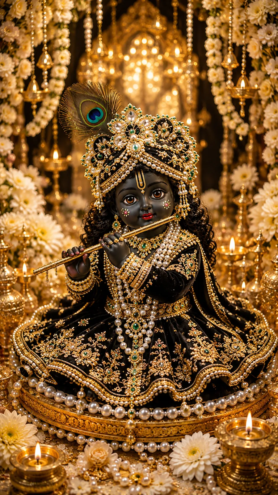 A divine baby Krishna sitting on a gold and pearl platform, playing a golden flute, wearing a black and gold dress and an emerald-studded turban with a peacock feather, surrounded by white flowers and gold diyas.