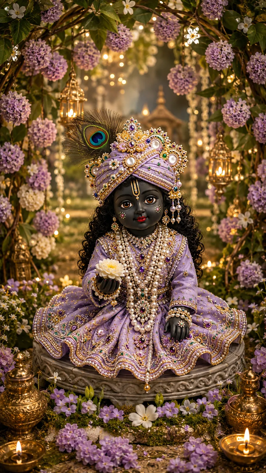 A divine baby Krishna sitting on a gold and pearl platform, playing a golden flute, wearing a black and gold dress and an emerald-studded turban with a peacock feather, surrounded by white flowers and gold diyas.