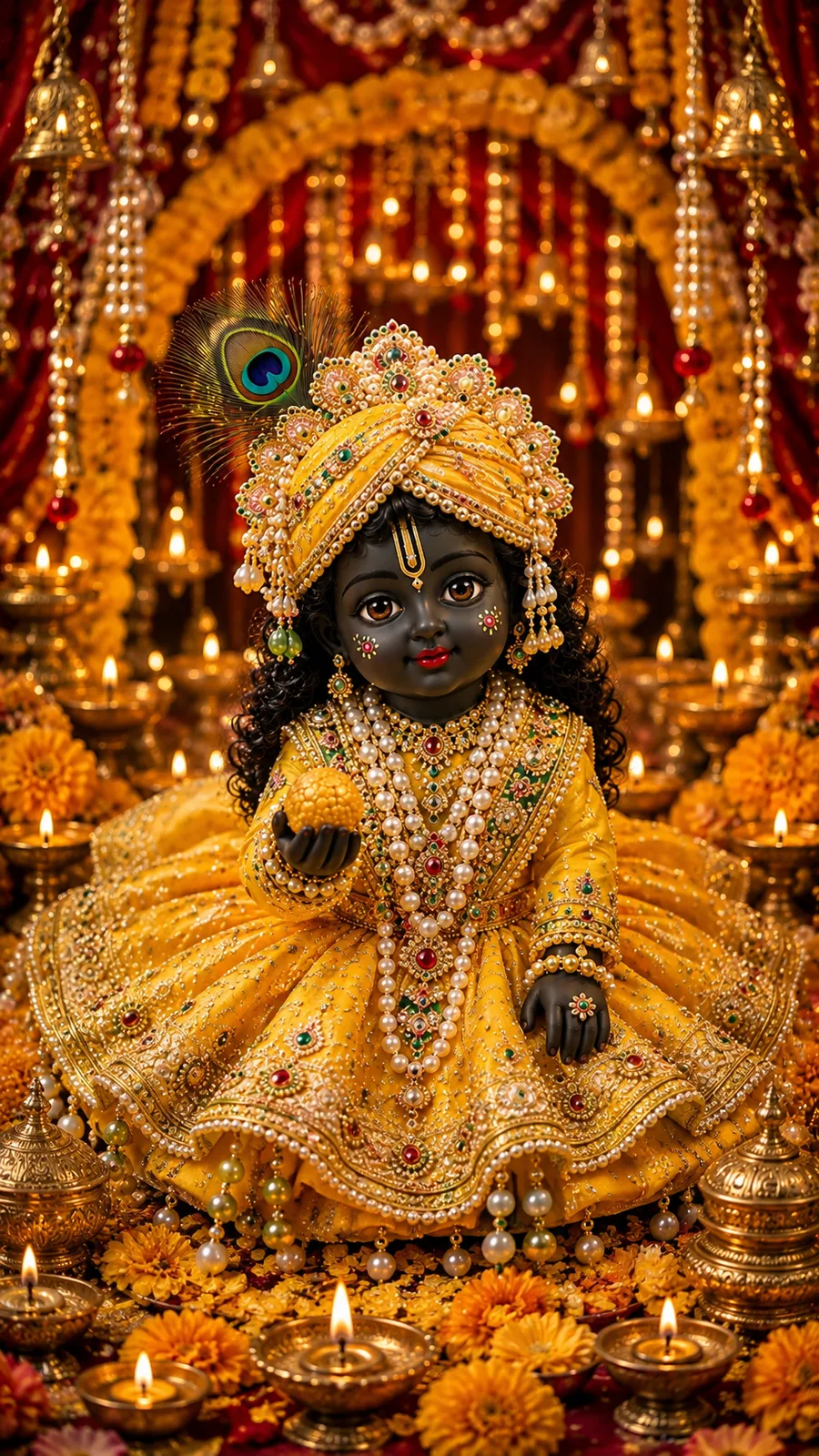 A divine baby Krishna sitting on an ornate golden platform, wearing a bright yellow dress and a jeweled turban with a peacock feather, holding a laddoo in one hand, surrounded by yellow marigolds and glowing diyas.