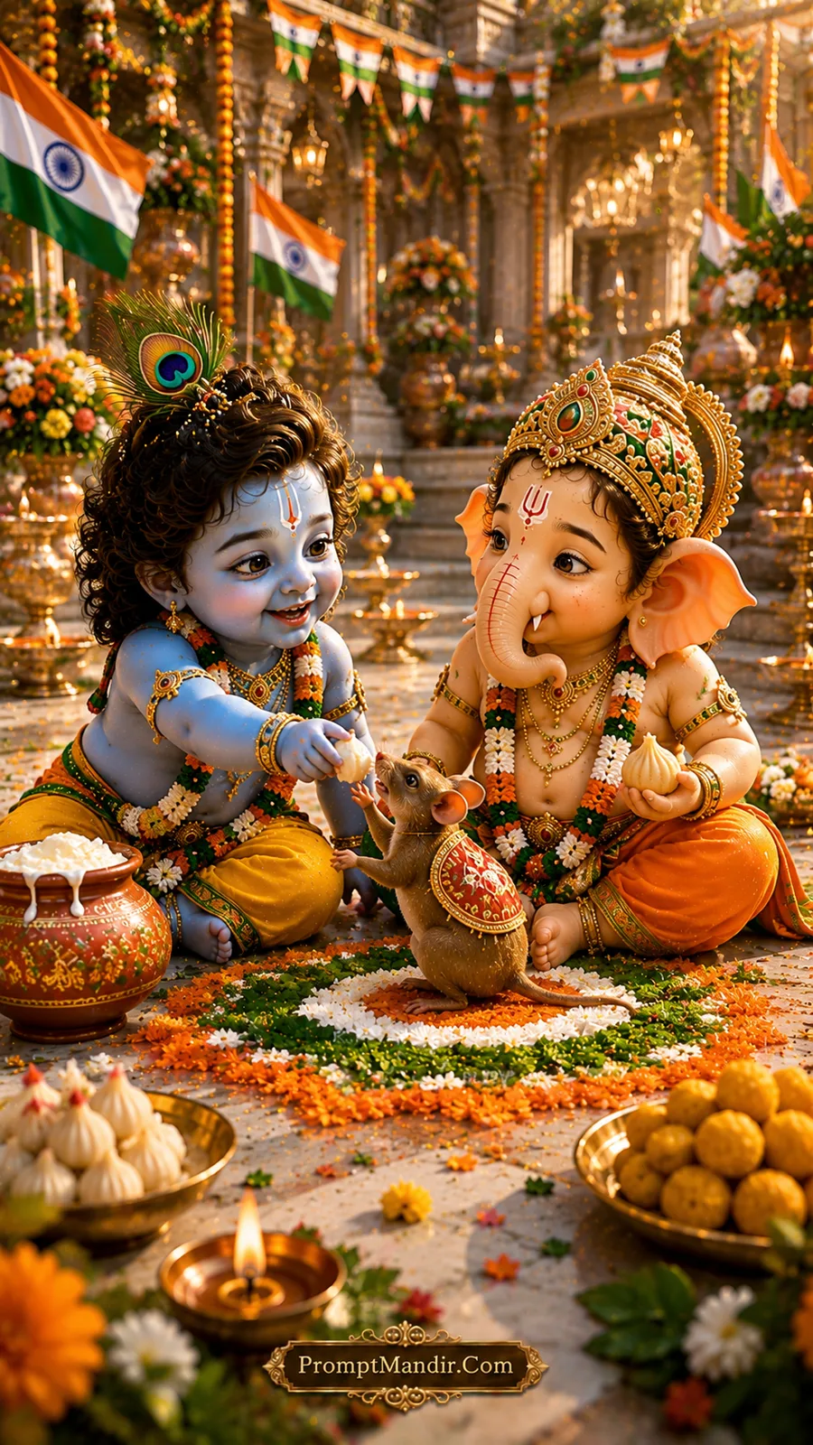 Baby Krishna feeding a modak to Baby Ganesha's mouse in a beautifully decorated temple courtyard with Tricolour flowers and Indian flags