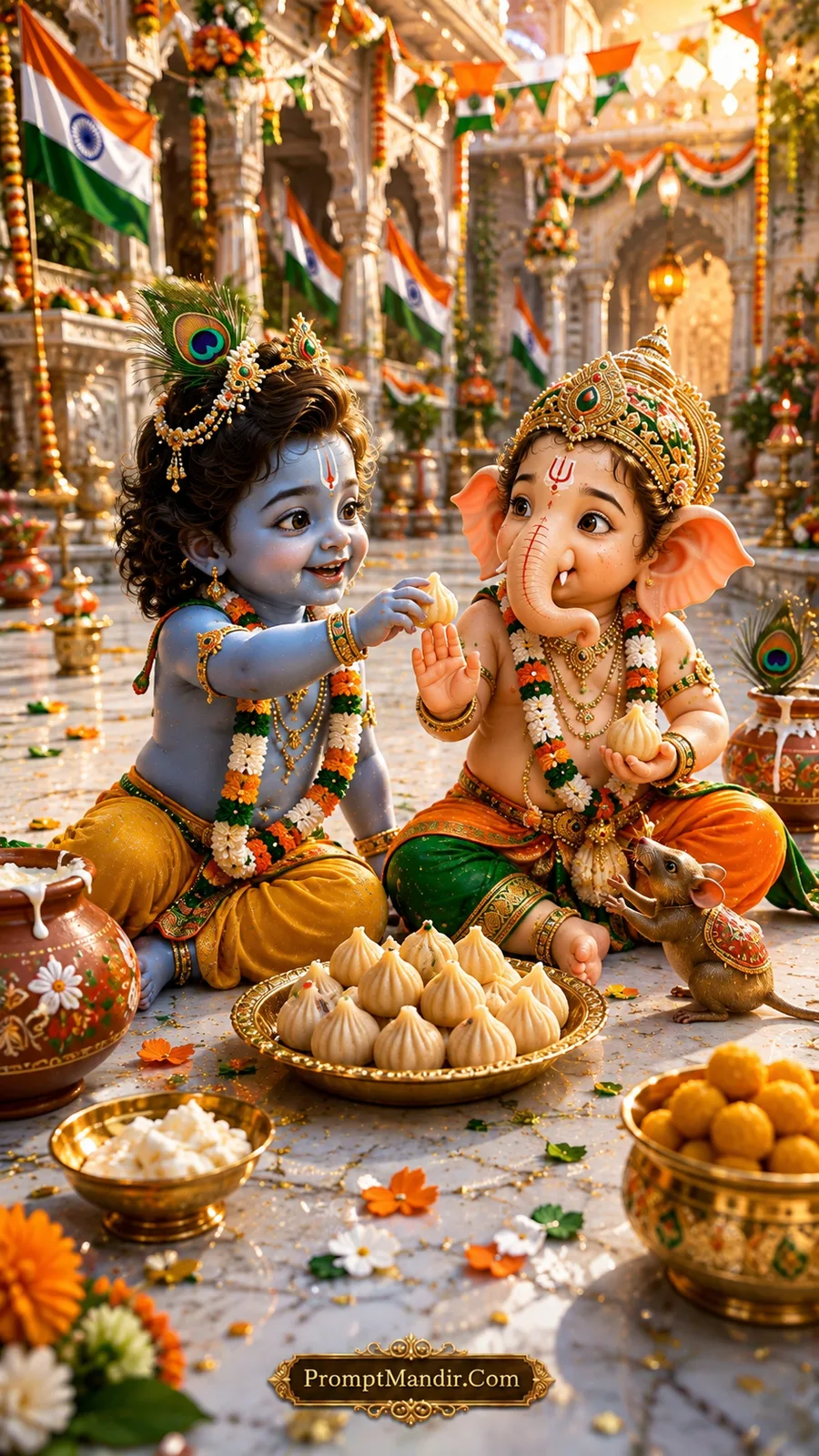 Baby Krishna and Baby Ganesha sitting together, sharing a plate of modaks, with Indian flags and Tricolour decorations in the background