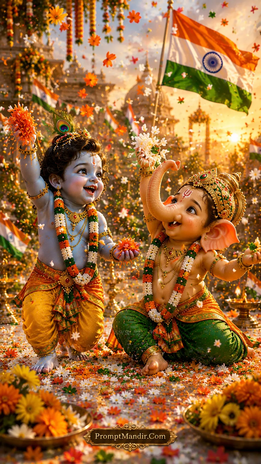 Baby Krishna and Baby Ganesha joyfully throwing flower petals in the air, celebrating Independence Day with the Indian flag flying behind them