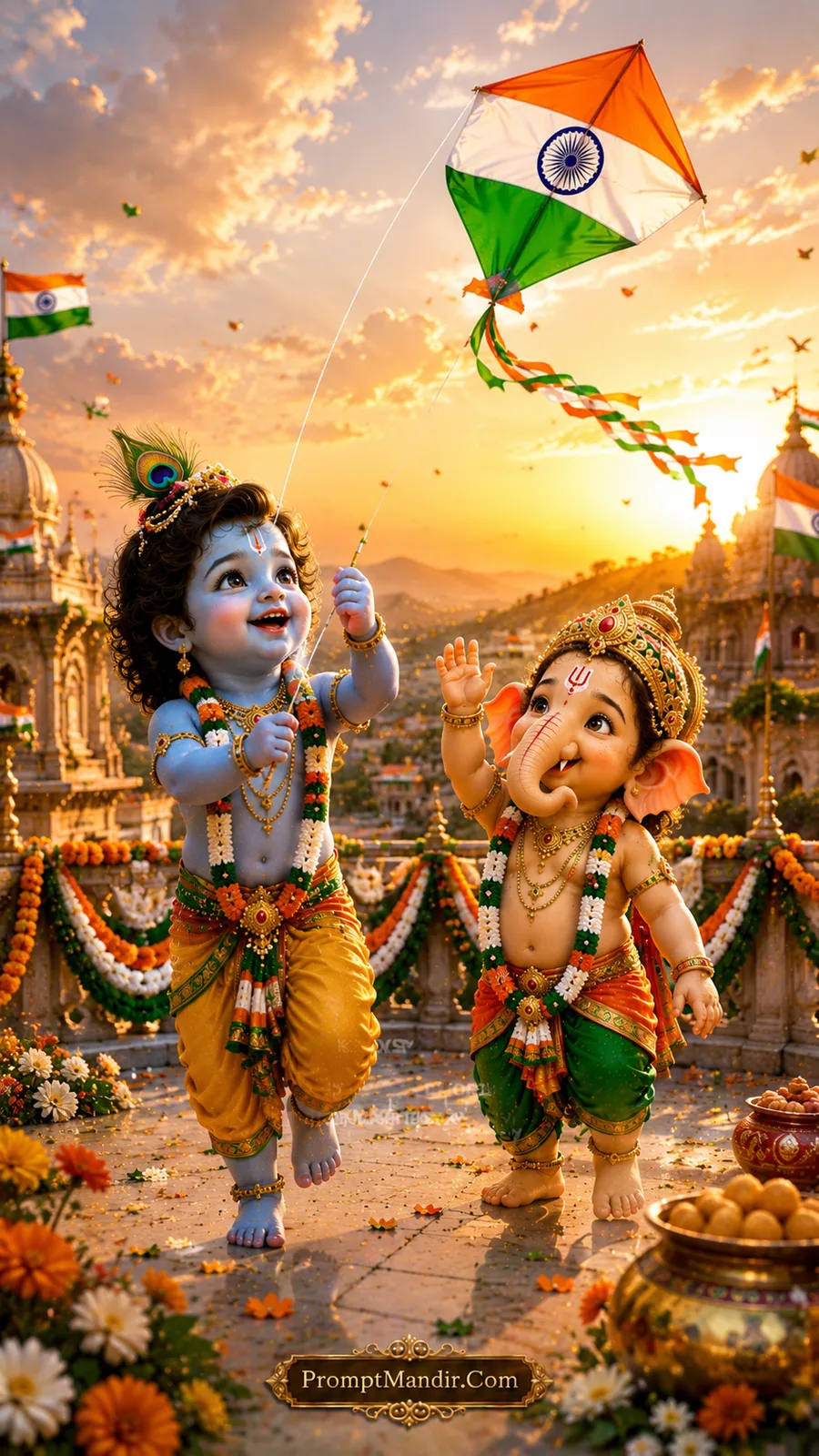 Baby Krishna flying a Tricolour kite with Baby Ganesha watching in excitement, on a palace terrace at sunset
