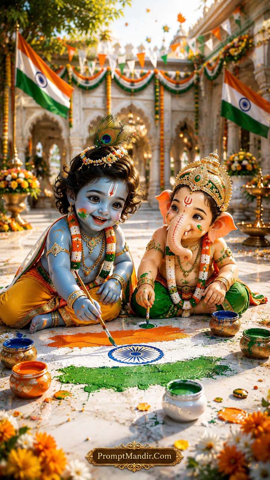 Baby Krishna and Baby Ganesha painting a Tricolour rangoli with brushes, smiling happily