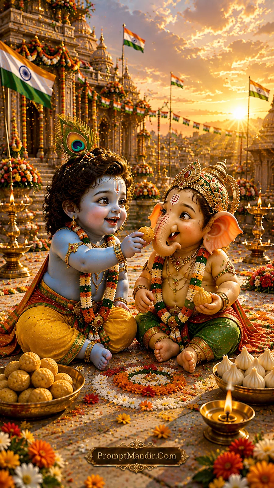 Baby Krishna offering a laddoo to Baby Ganesha, with a Tricolour flower rangoli and Indian flags in the background