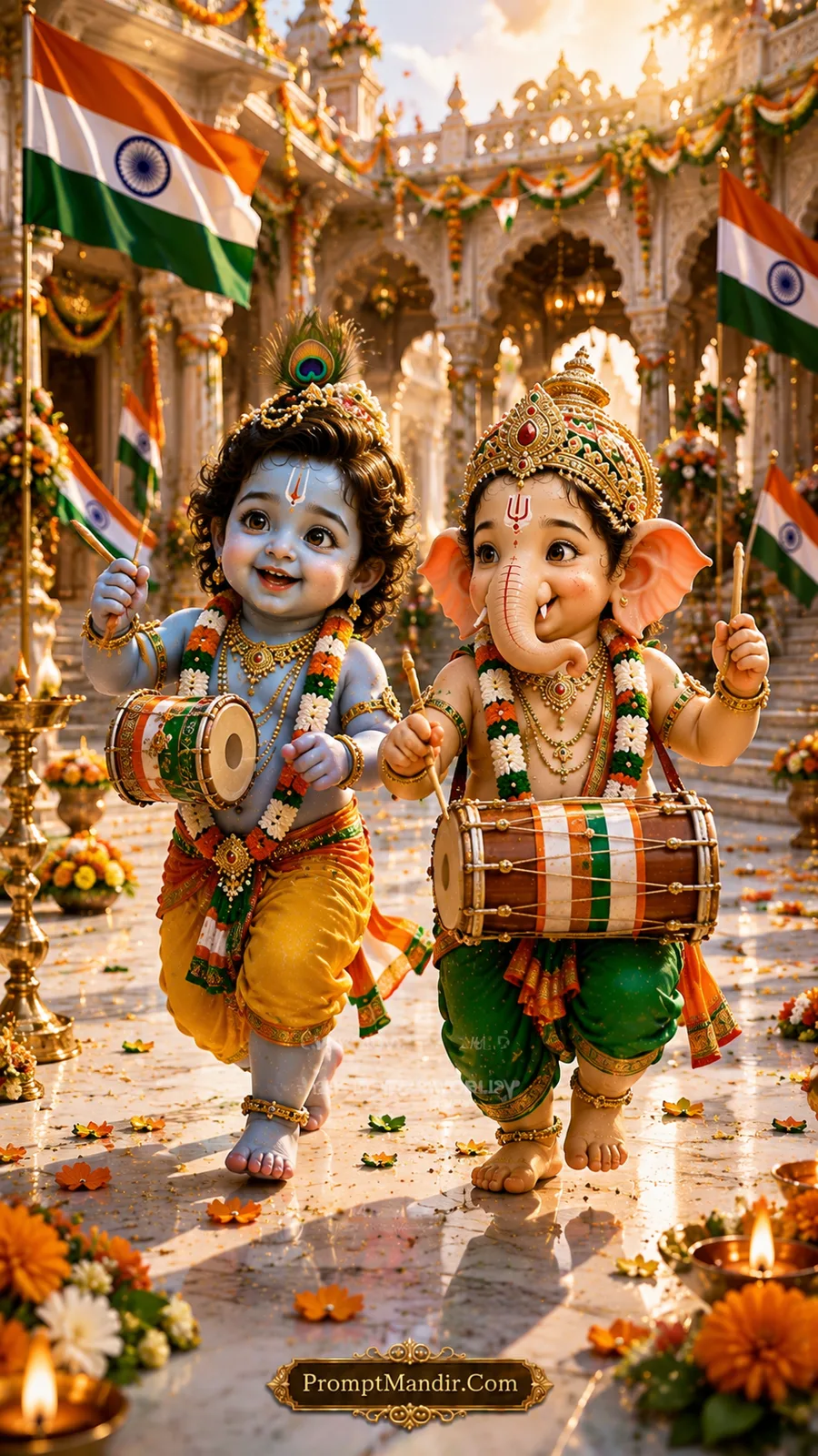 Baby Krishna and Baby Ganesha playing drums decorated with Tricolour stripes in a celebratory procession
