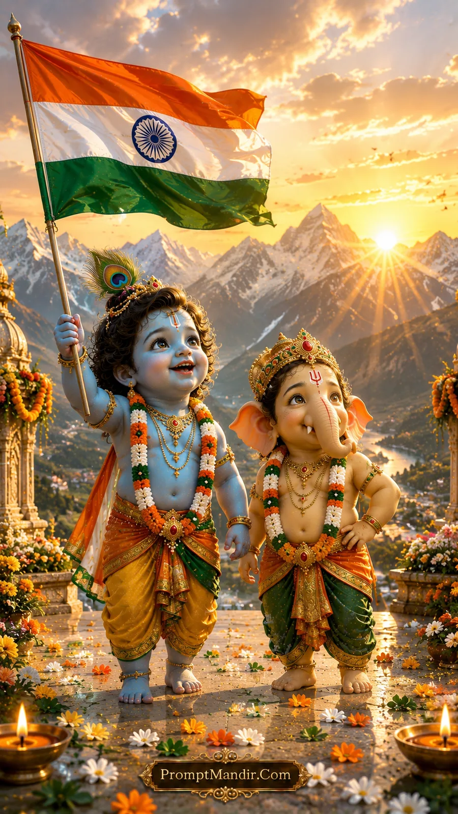 Baby Krishna proudly holding the Indian flag on a mountaintop, with Baby Ganesha standing beside him, both looking at the snowy peaks