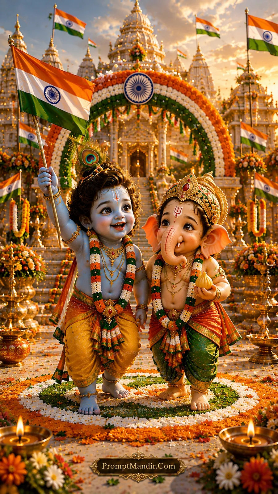 Baby Krishna holding the Indian flag high, walking with Baby Ganesha through a grand temple entrance decorated with a floral Tricolour arch