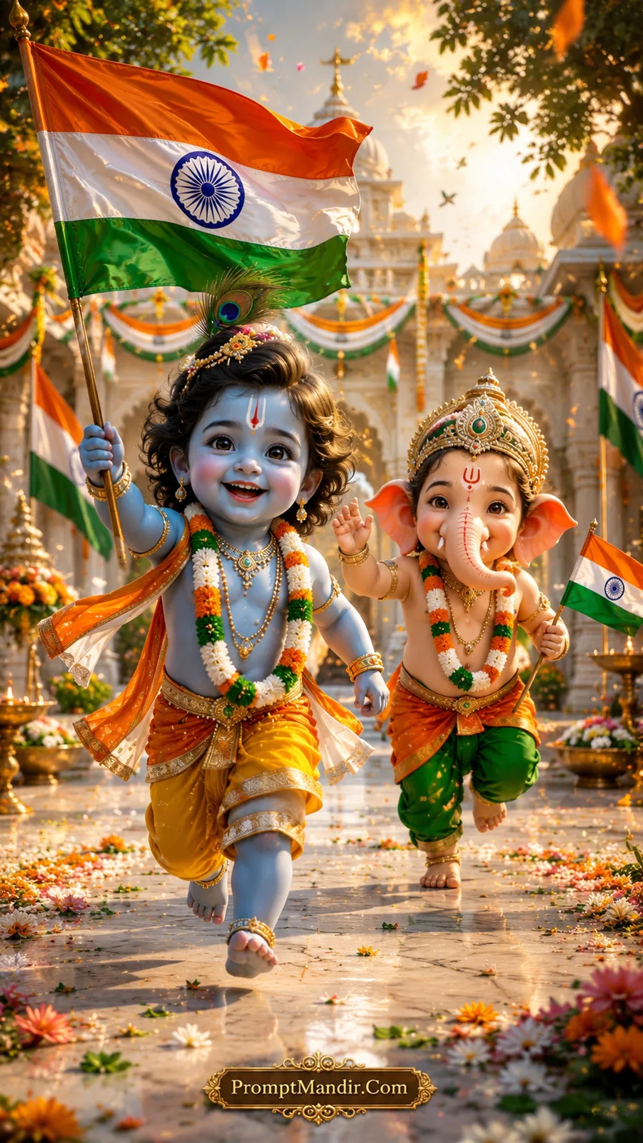 Baby Krishna running joyfully with the Indian flag, with Baby Ganesha following him, holding a smaller flag