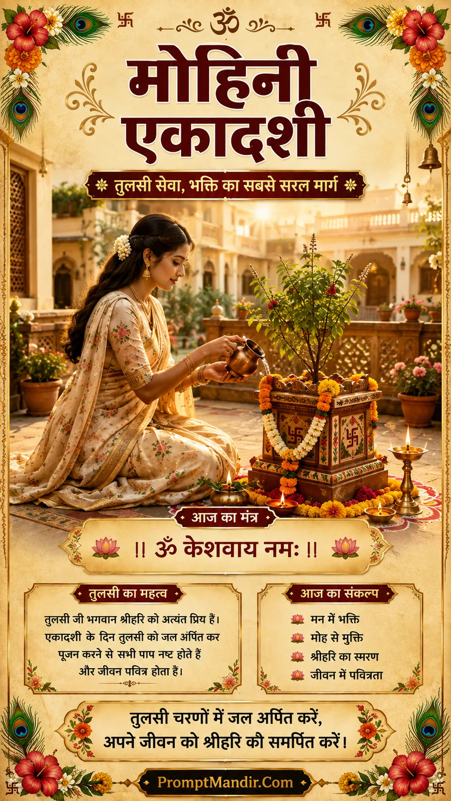 A devotee offering water to a Tulsi plant in a courtyard at sunrise, with the mantra 'Om Keshvaya Namah' and sacred resolutions