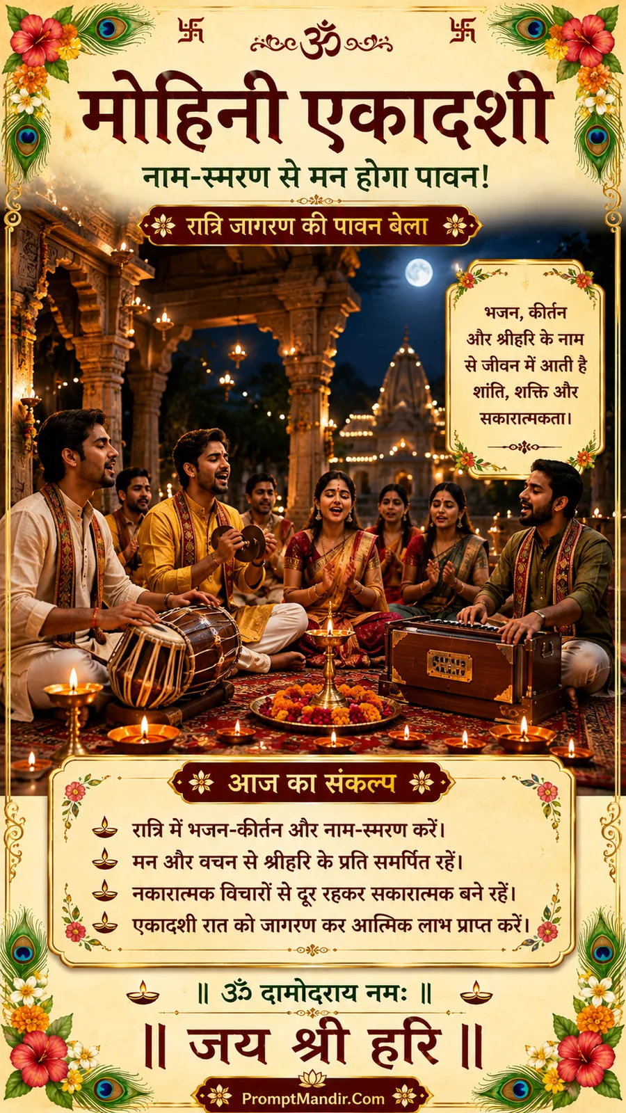 A group of devotees singing bhajans at night during the Jagran, with a harmonium and tabla, and the mantra 'Om Damodaraya Namah'