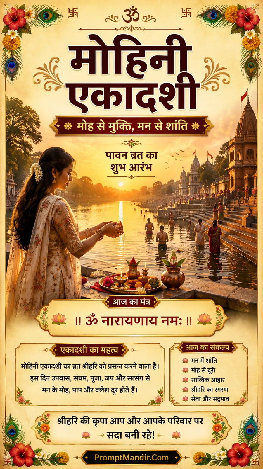 A devotee offering a lit diya into a holy river at sunrise, with the mantra 'Om Narayanaya Namah' and sacred resolutions
