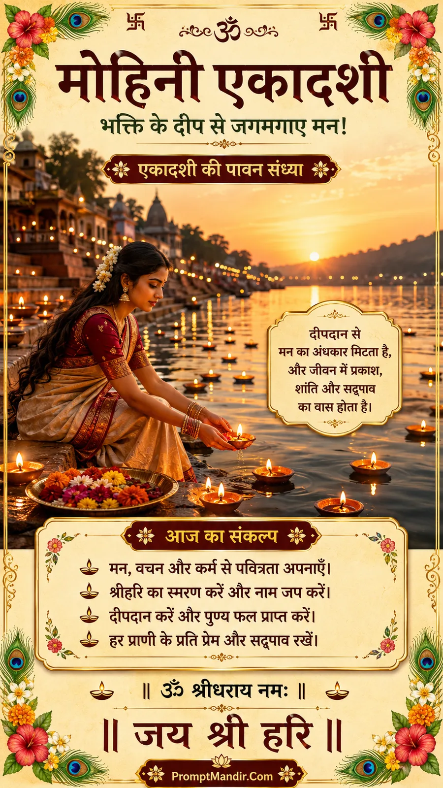 A devotee releasing a lit diya into a river at sunset, with the mantra 'Om Shri Dharaya Namah' and a message about lighting the mind with devotion