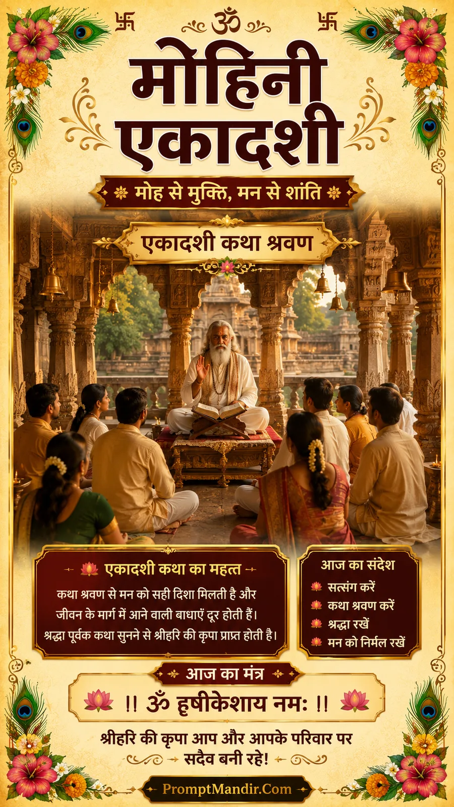 A guru sitting with an open book, telling the Katha of Mohini Ekadashi to a group of devotees in a temple