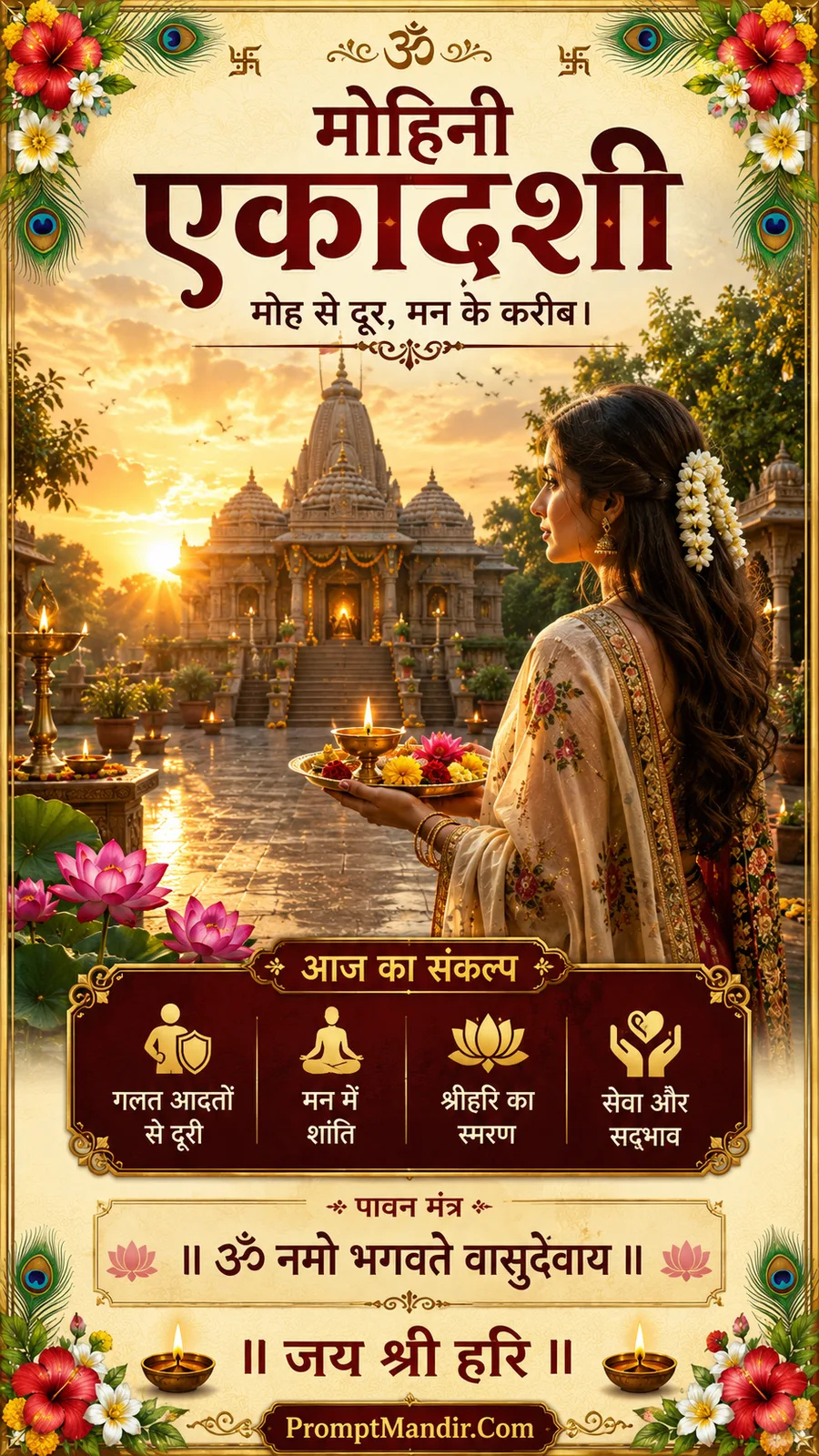 A devotee holding a puja thali, standing before a grand temple at sunrise, with the mantra 'Om Namo Bhagavate Vasudevaya'
