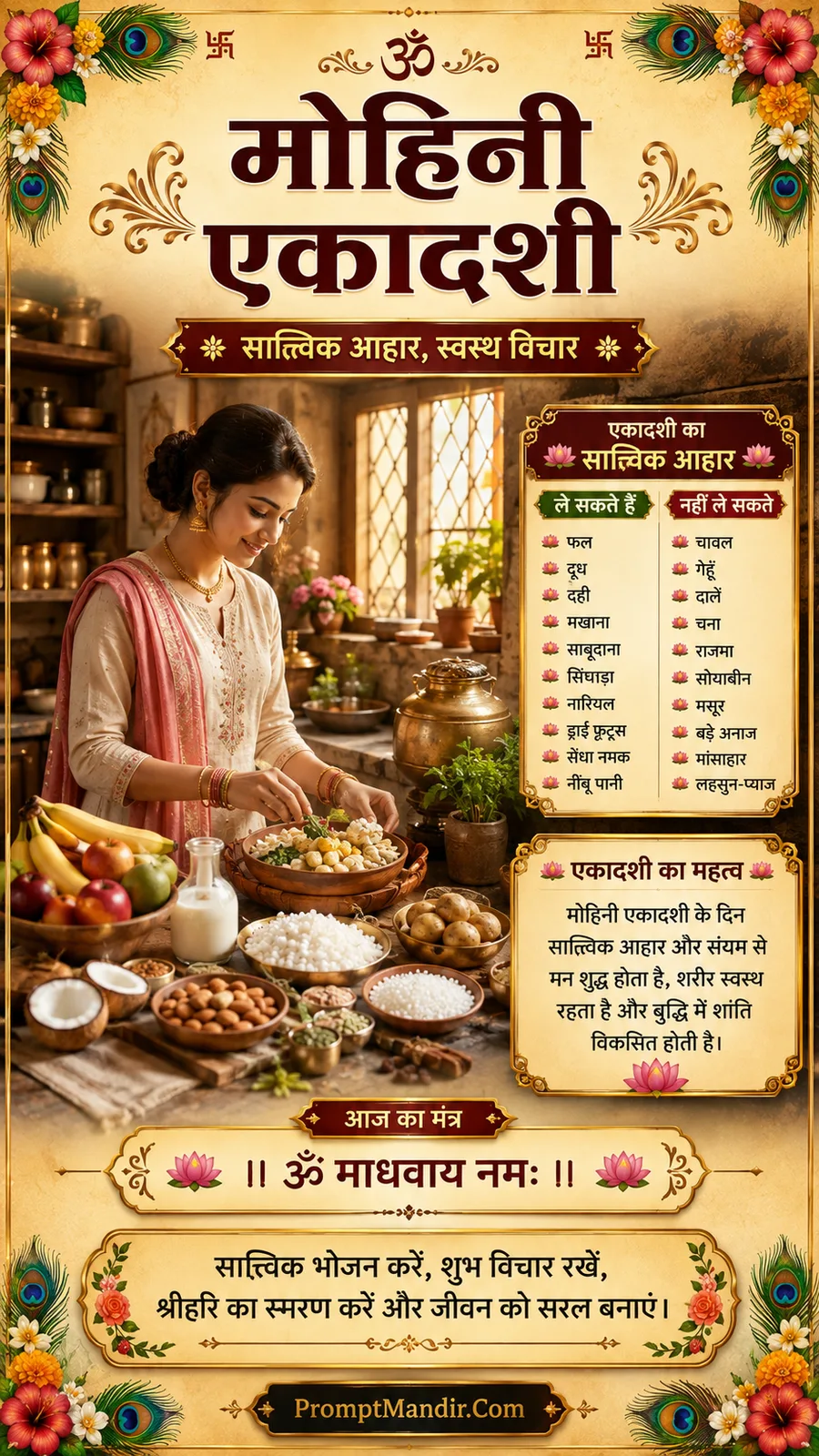 A woman preparing a Sattvic meal in a kitchen, with a list of allowed and forbidden foods for Ekadashi
