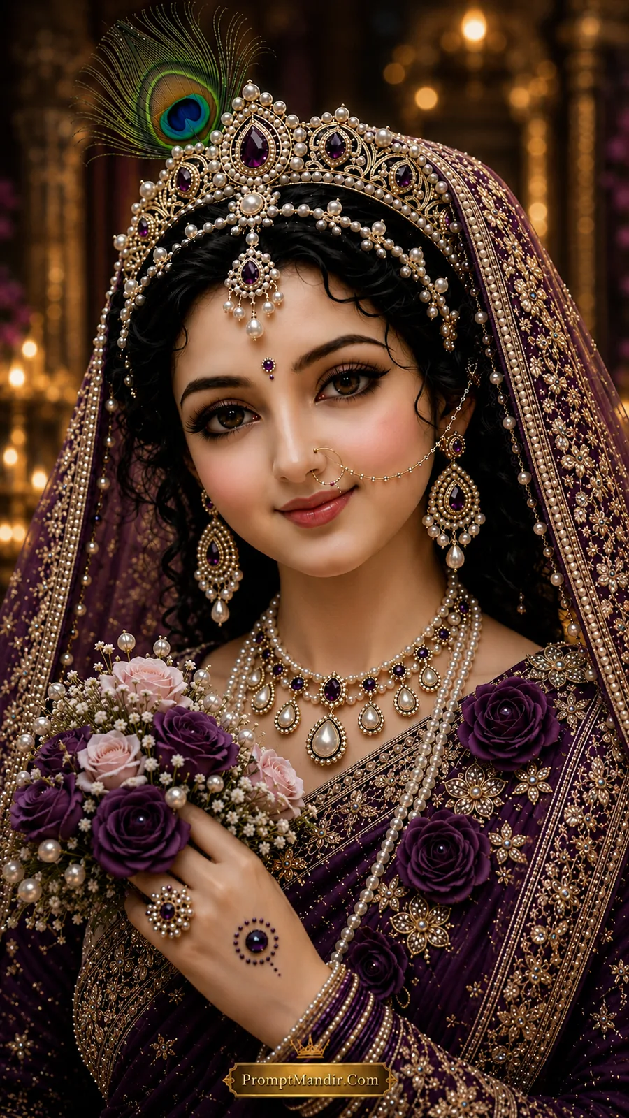 A royal portrait of Goddess Radha in a rich purple silk saree, wearing a pearl and amethyst jeweled crown and necklace, holding a bouquet of purple and pink roses with pearls.