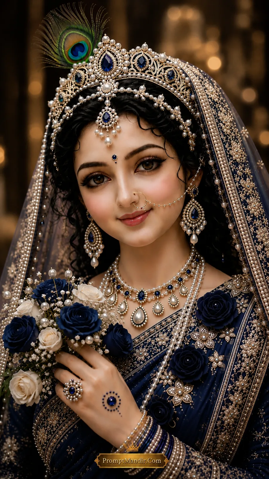 A royal portrait of Goddess Radha in a deep royal blue silk saree, wearing a pearl and sapphire jeweled crown and necklace, holding a bouquet of blue and white roses with pearls.
