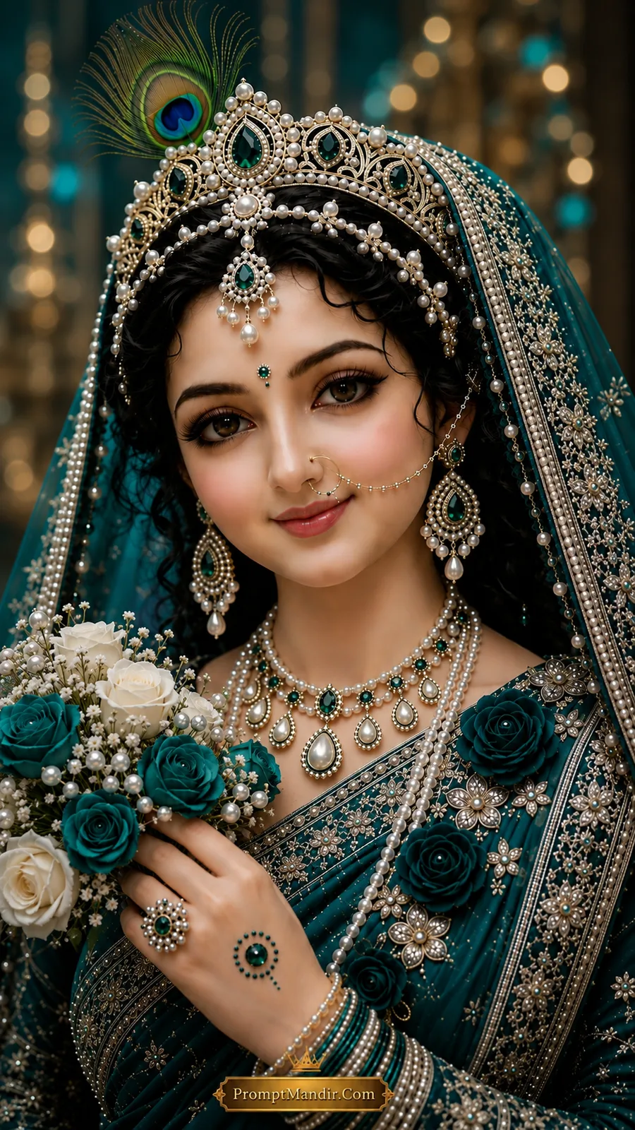 A royal portrait of Goddess Radha in a rich teal silk saree, wearing a pearl and emerald jeweled crown and necklace, holding a bouquet of teal and white roses with pearls.