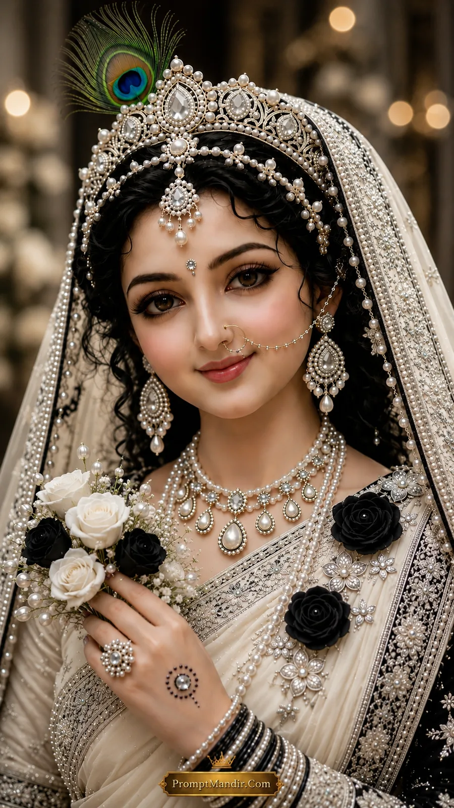 A royal portrait of Goddess Radha in a pristine white and silver silk saree, wearing a pearl and diamond jeweled crown and necklace, holding a bouquet of white and black roses with pearls.