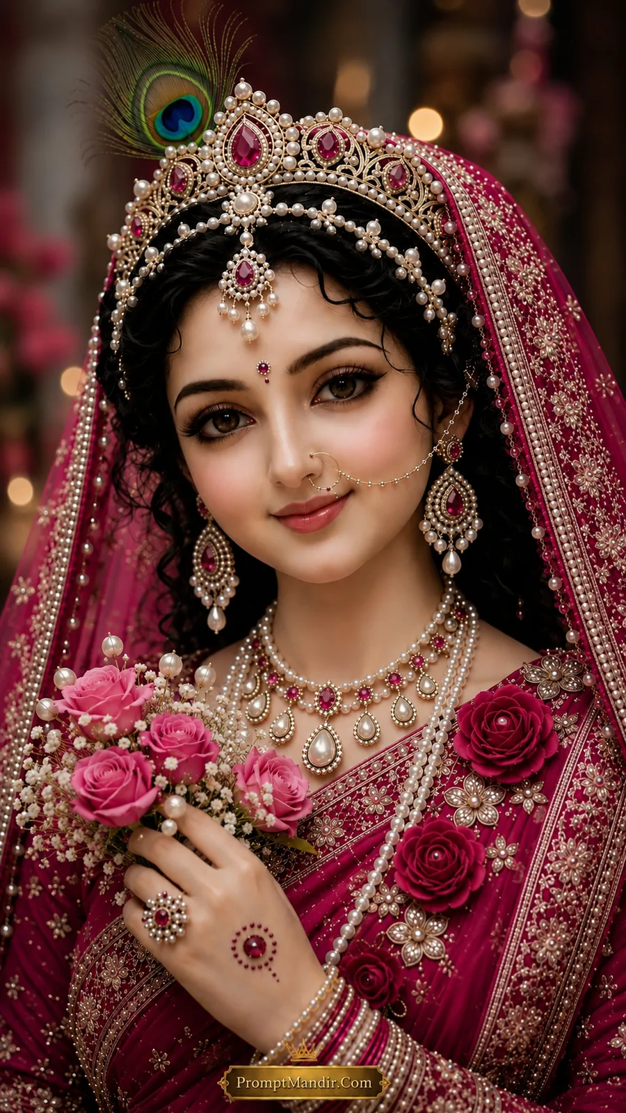 A royal portrait of Goddess Radha in a rich magenta silk saree, wearing a pearl and ruby jeweled crown and necklace, holding a bouquet of pink roses with pearls.