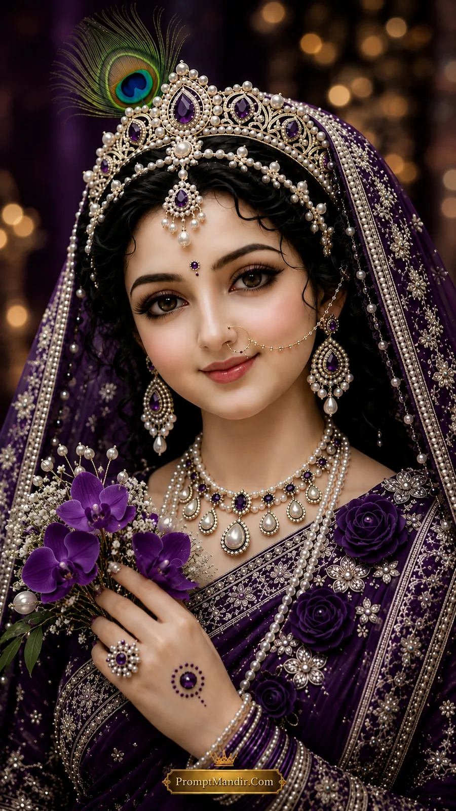 A royal portrait of Goddess Radha in a deep violet silk saree, wearing a pearl and amethyst jeweled crown and necklace, holding a bouquet of purple orchids with pearls.