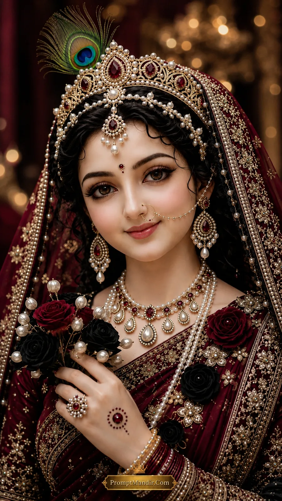 A royal portrait of Goddess Radha in a rich maroon and black silk saree, wearing a pearl and ruby jeweled crown and necklace, holding a bouquet of maroon and black roses with pearls.
