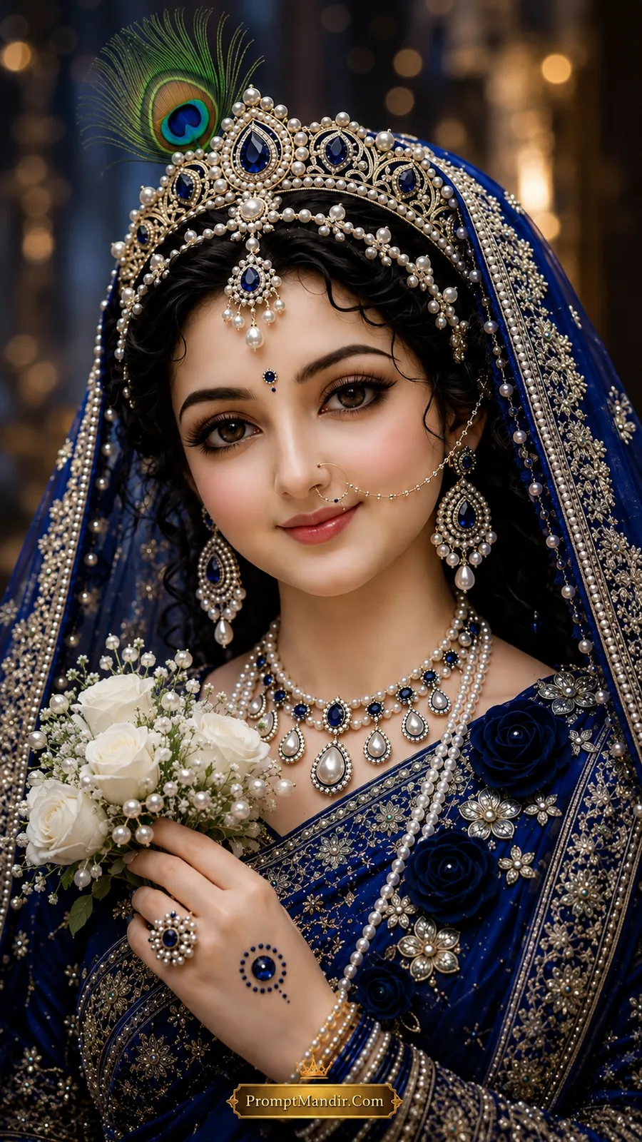 A royal portrait of Goddess Radha in a deep royal blue silk saree, wearing a pearl and sapphire jeweled crown and necklace, holding a bouquet of white roses with pearls.