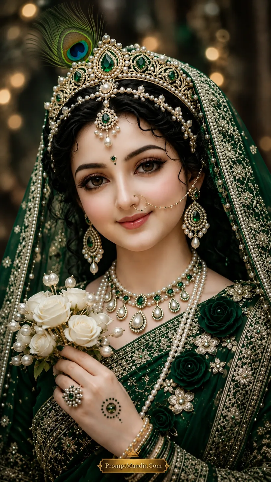 A royal portrait of Goddess Radha in a rich emerald green silk saree, wearing a pearl and emerald jeweled crown and necklace, holding a bouquet of white and green roses with pearls.